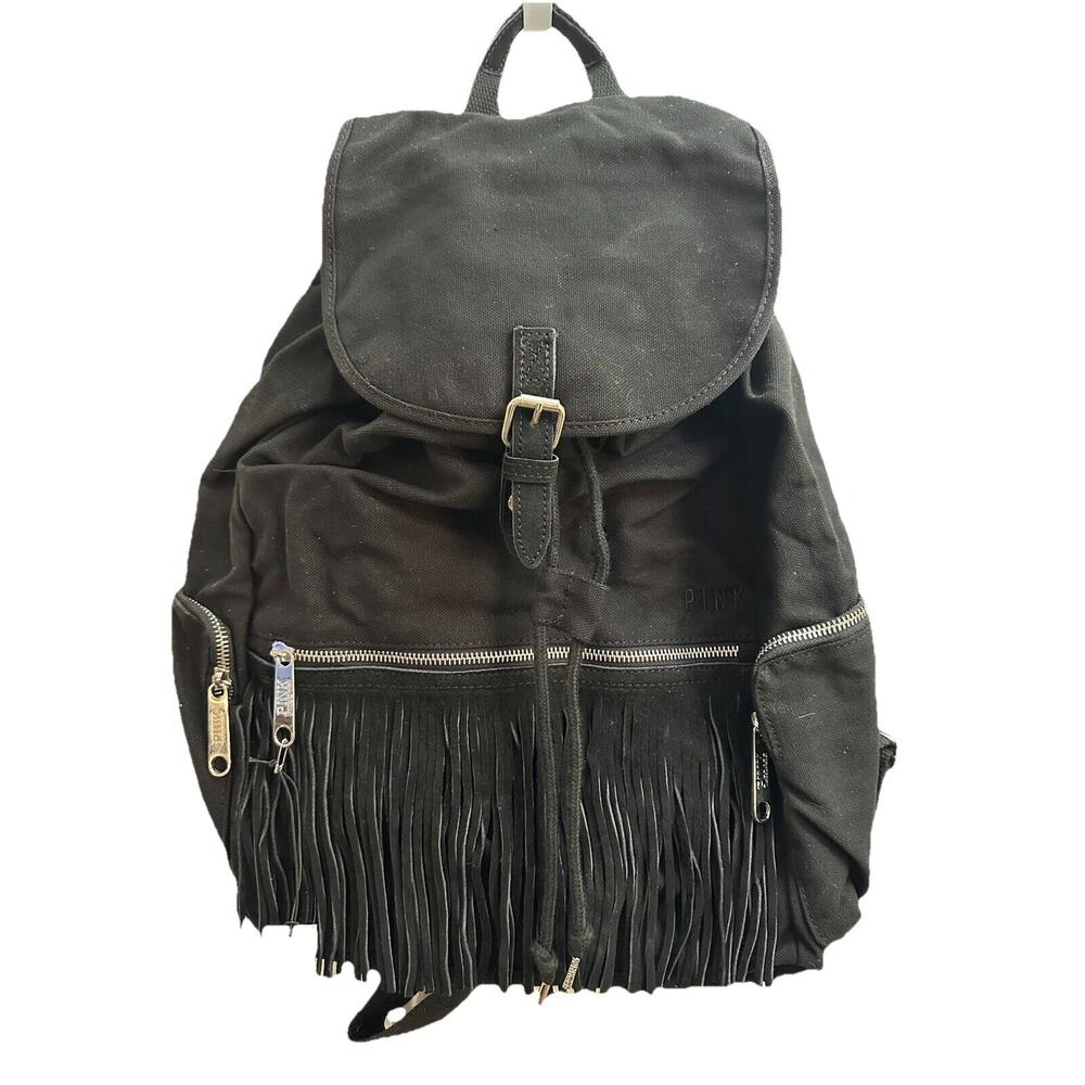 Victoria Secret PINK Black Fringe Textile Full Size Backpack Boho NWT